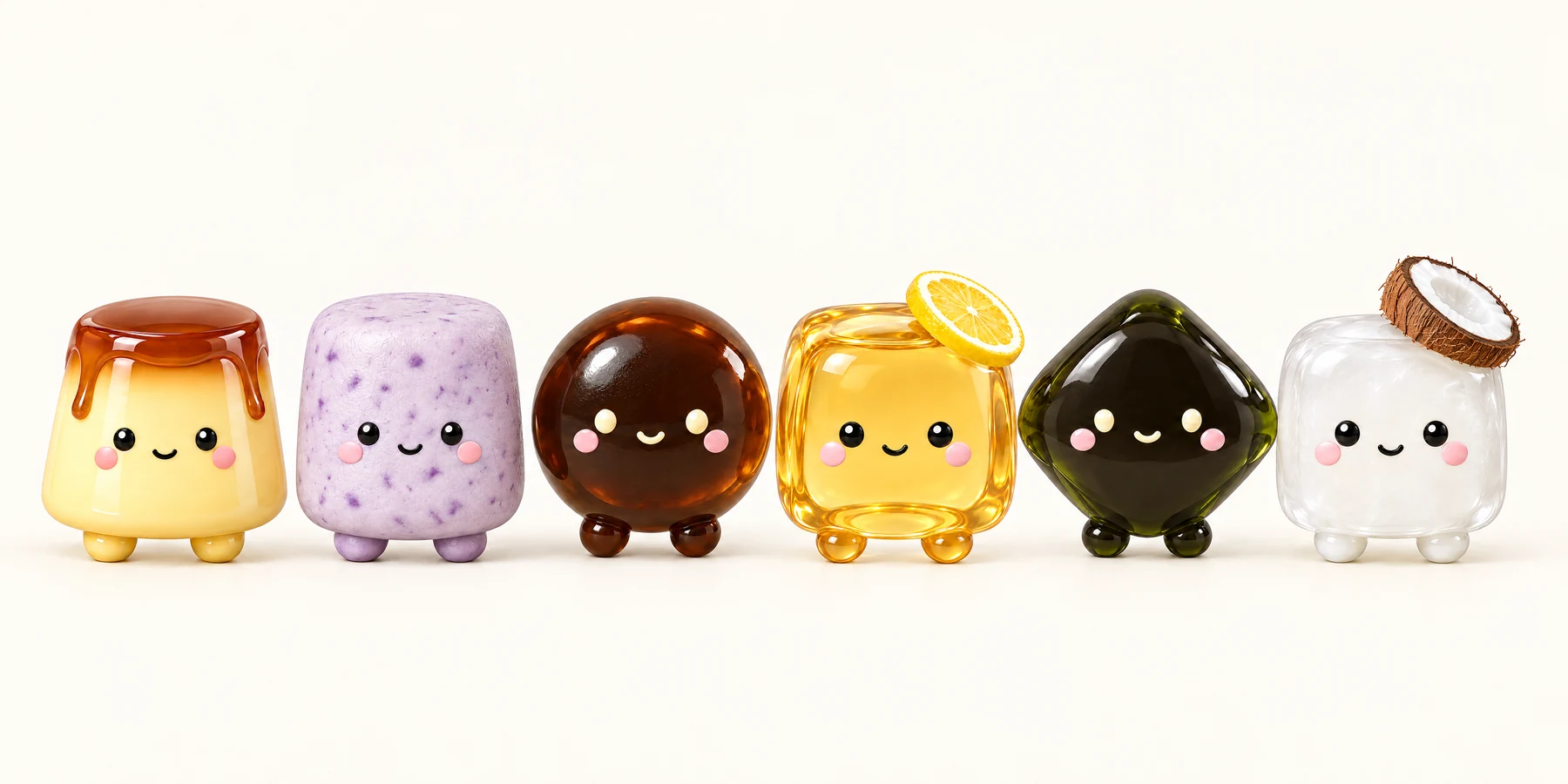 Pudding, Taro Ball, Boba Pearl, Aiyu Jelly, Grass Jelly and Coconut Jelly standing in a row